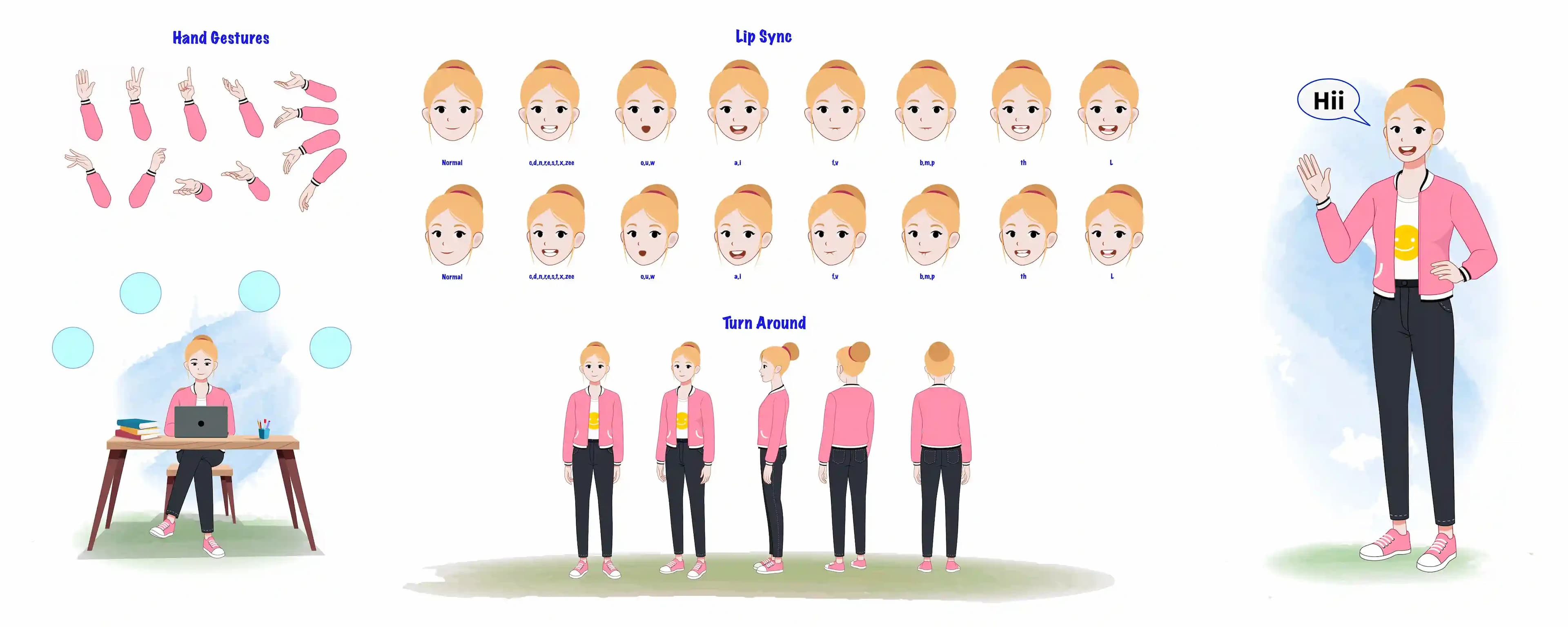 2d cartoon female employee model sheet with turnaround poses, lip Sync & gestures character construction set for animation AKA Chloe