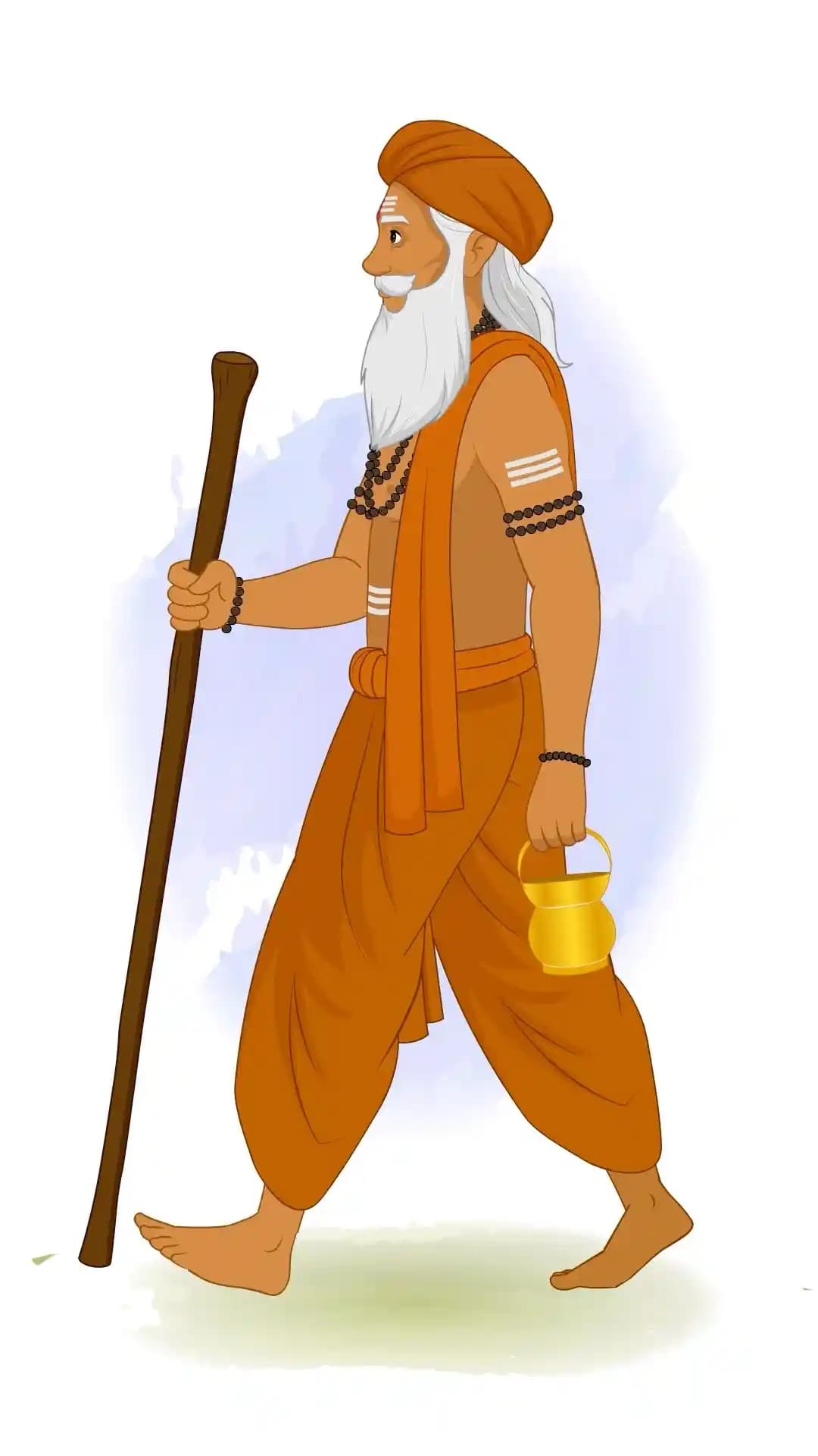 Indian Sage Side Walking with Stick and Pot Animated Vector Cartoon Character AKA Bhattacharya