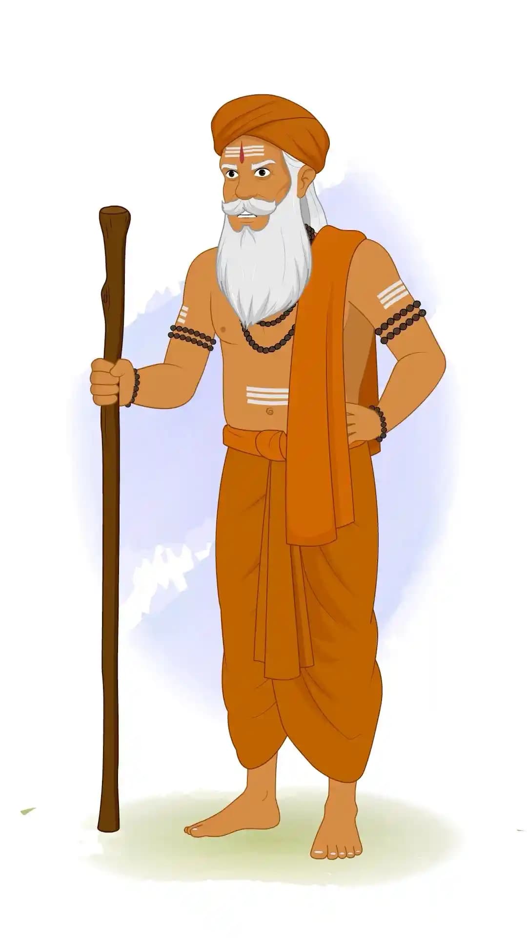 Indian Sage Angry Pose with Wooden Staff Animated Vector Cartoon Character AKA Bhattacharya