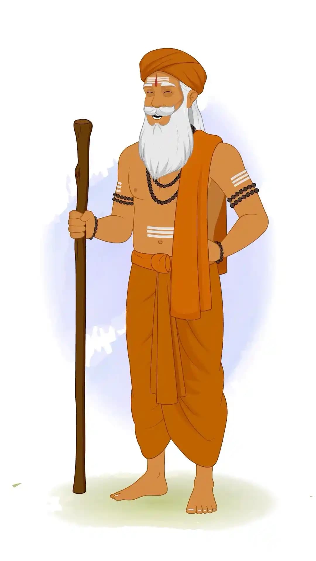 Indian Sage Laughing Pose with Wooden Staff Animated Vector Cartoon Character AKA Bhattacharya