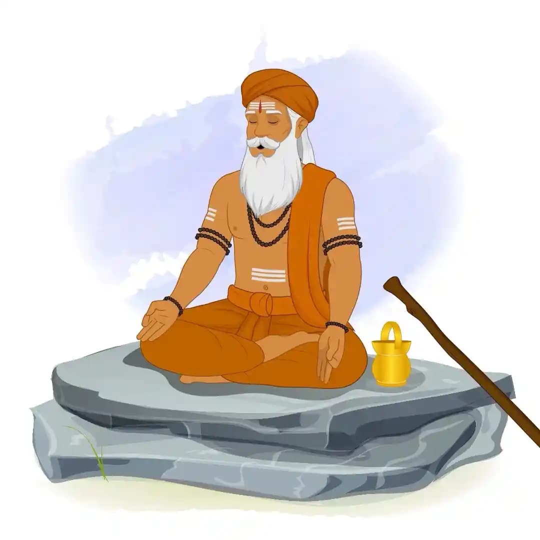 Indian Sage Meditation Pose on Rock with Kamandalu Animated Vector Cartoon Character AKA Bhattacharya