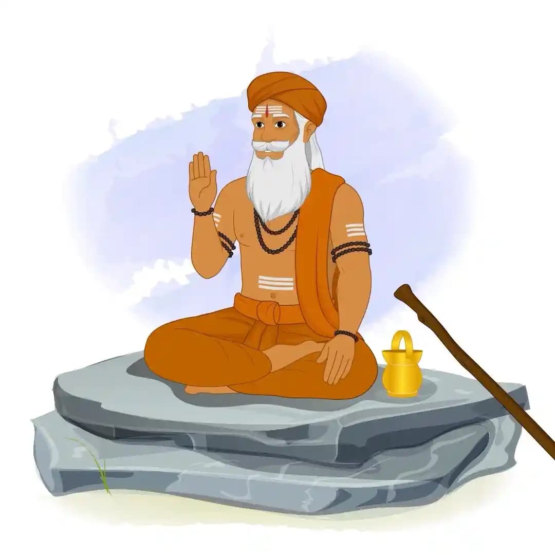 Indian Sage Blessing Pose Sitting on Rock Animated Vector Cartoon Character AKA Bhattacharya