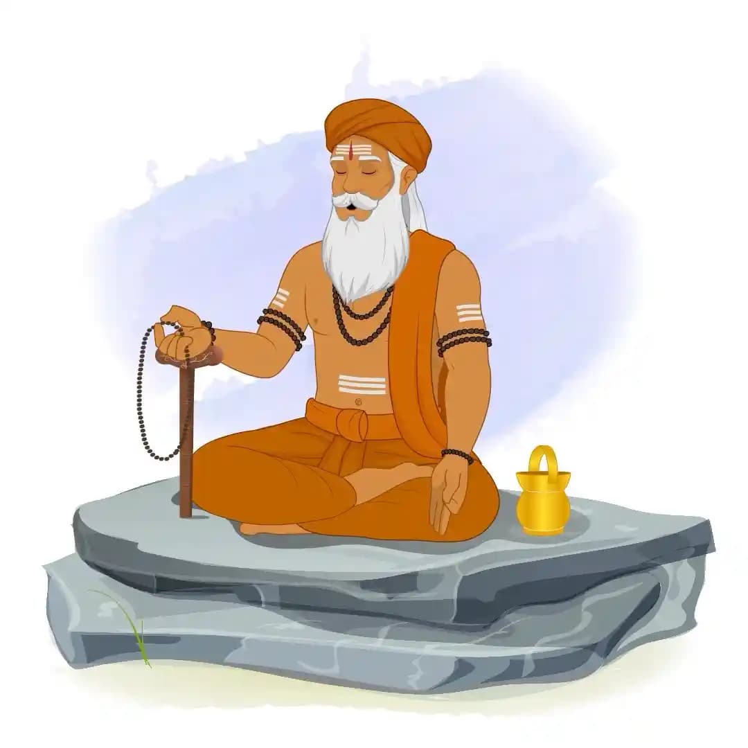 Indian Sage Sitting with Mala Jaap on Rock Animated Vector Cartoon Character AKA Bhattacharya