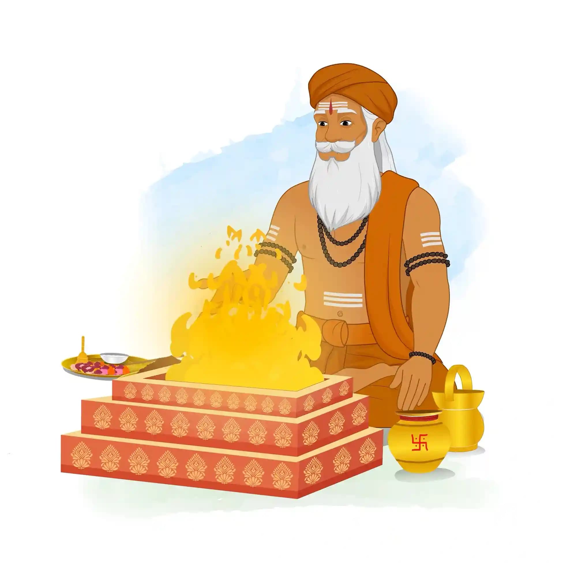 Indian Sage Performing Havan Yajna Ritual Animated Vector Cartoon Character AKA Bhattacharya
