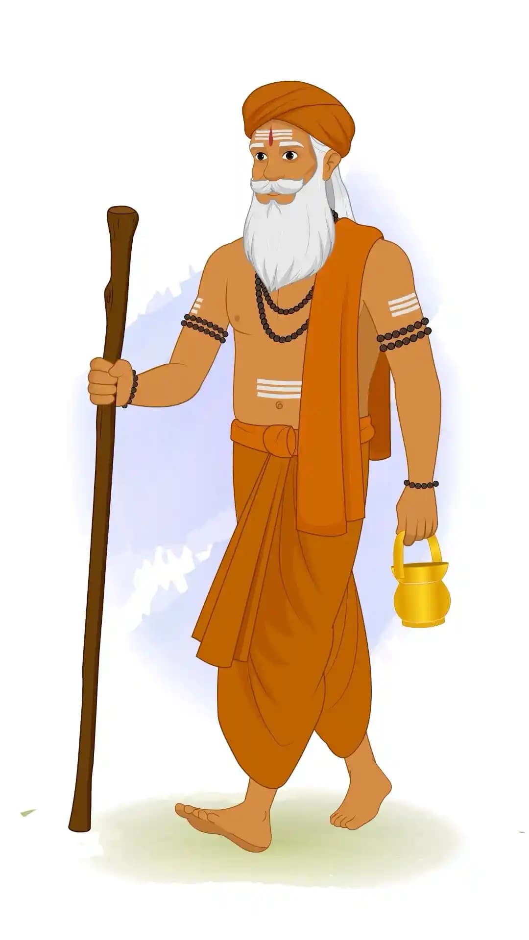 Indian Sage One Third Walking Pose with Stick and Kamandalu Animated Vector Cartoon Character AKA Bhattacharya
