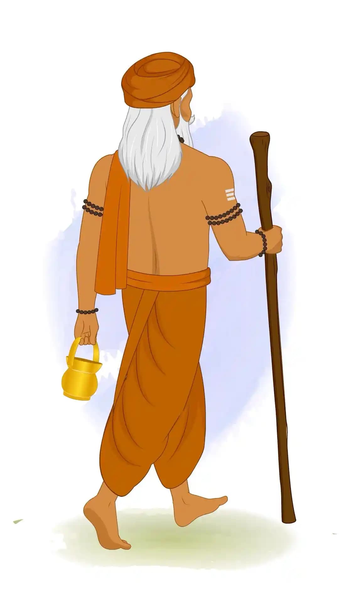 Indian Sage Back Third Walking with Staff and Kamandalu Animated Vector Cartoon Character AKA Bhattacharya