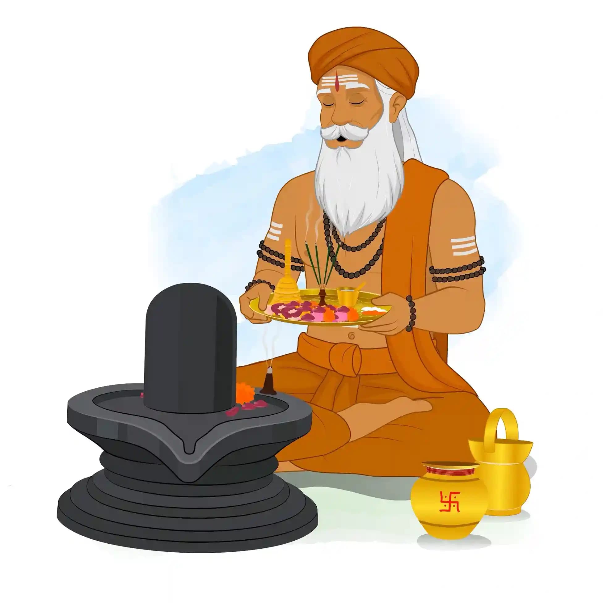 Hindu Sage Performing Shiva Lingam Pooja with Thali Animated Vector Cartoon Character AKA Bhattacharya