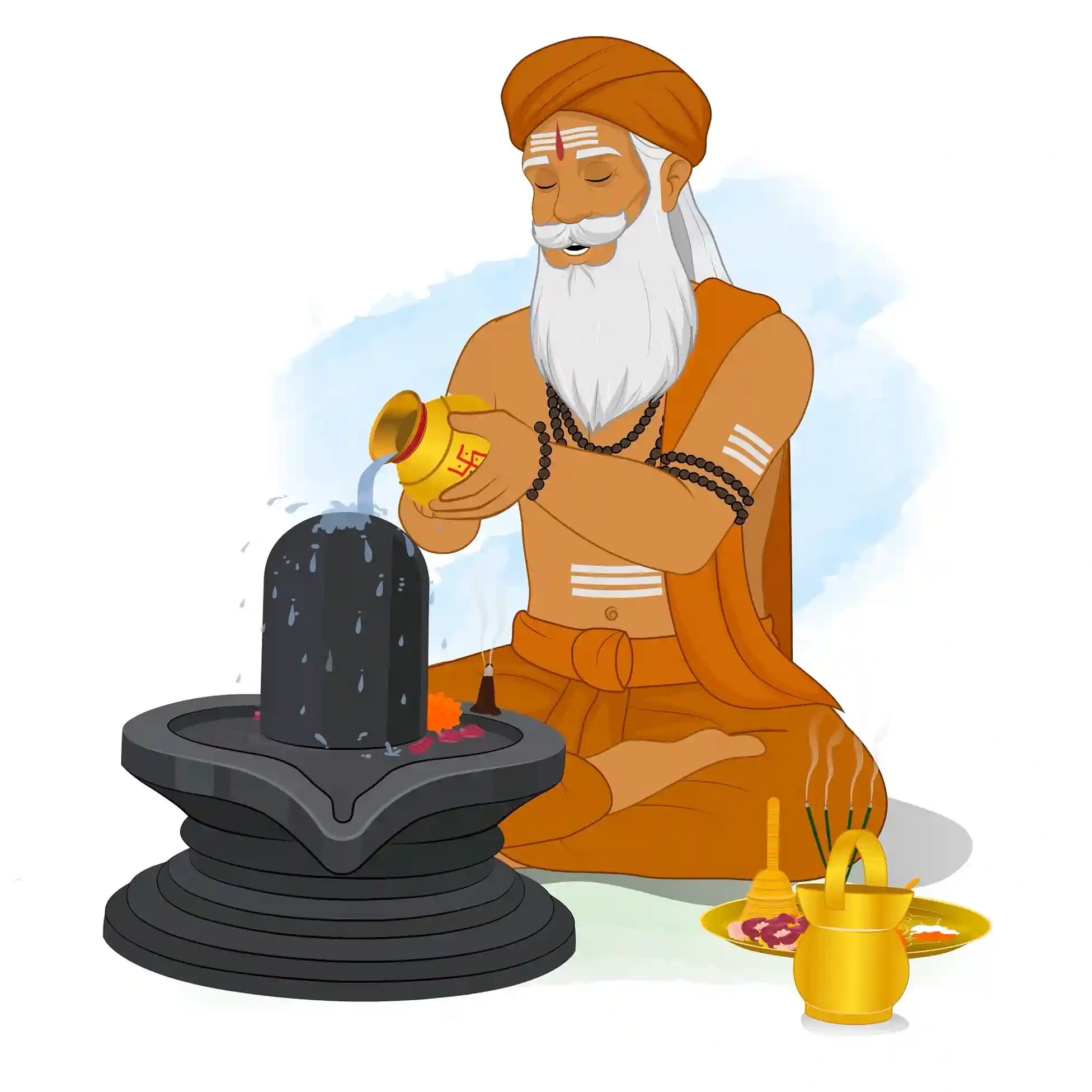 Hindu Sage Performing Jal Abhishek on Shiva Lingam Animated Vector Cartoon Character AKA Bhattacharya