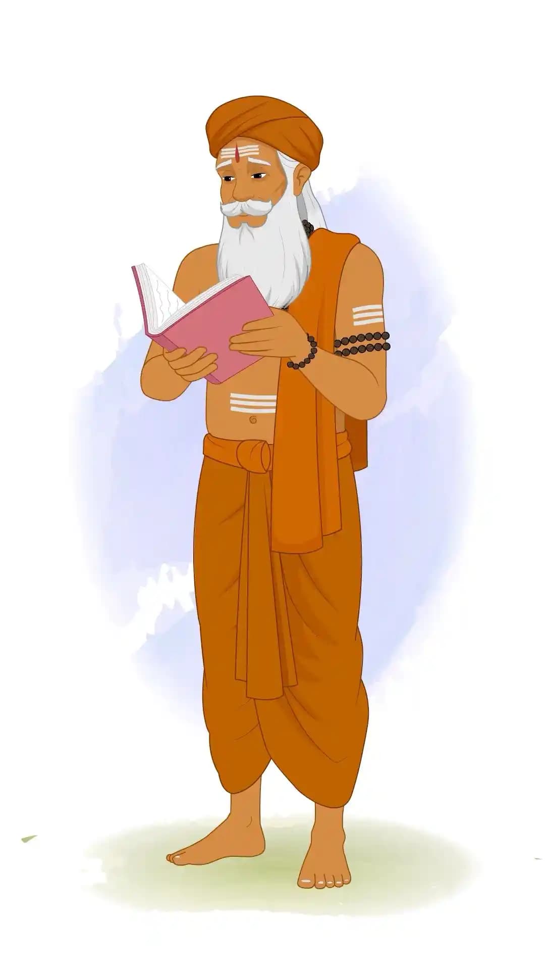 Hindu Sage Reading Book with Scared Expression Animated Vector Cartoon Character AKA Bhattacharya