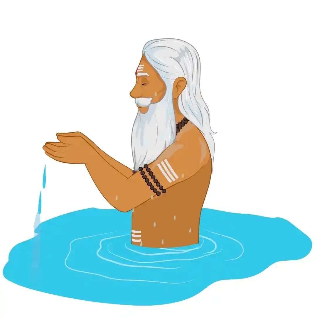 Hindu Sage Performing Ritual Bath in River Animated Vector Cartoon Character AKA Bhattacharya