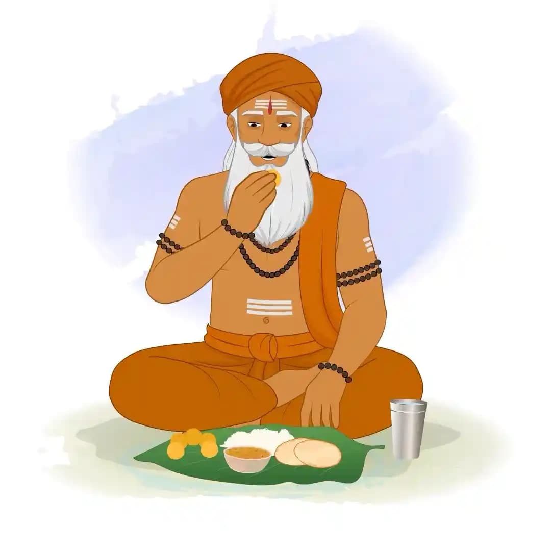 Hindu Sage Eating Bhoj Prasad Animated Vector Cartoon Character AKA Bhattacharya