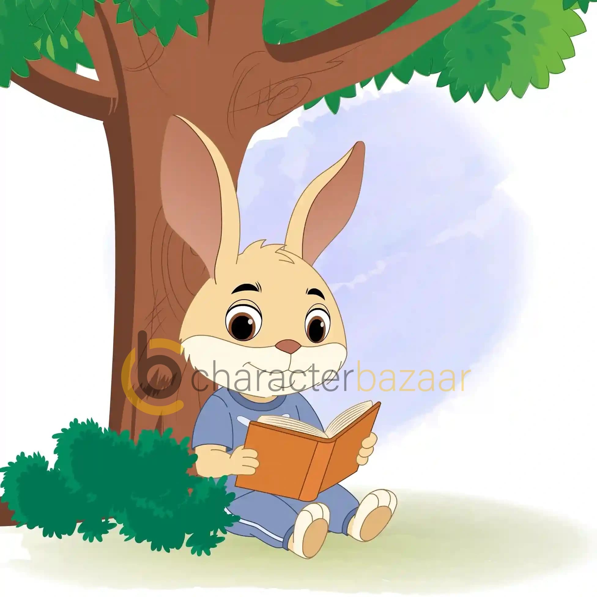 Cute Rabbit Reading a Book Under Tree Animated Vector Cartoon Character AKA Bun the rabbit