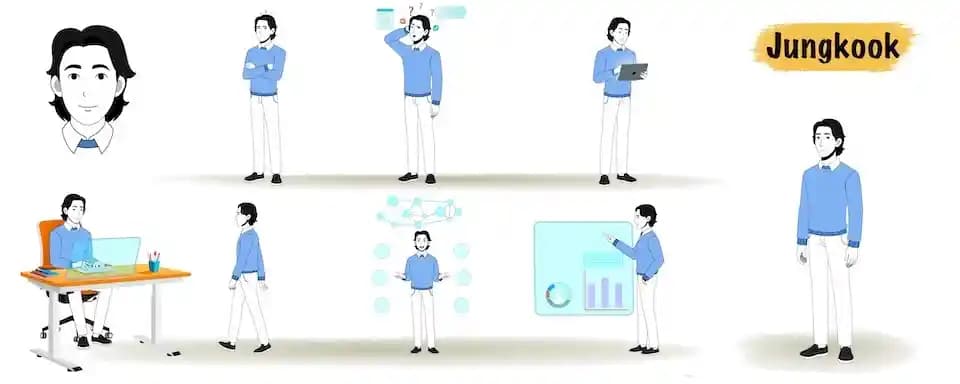 Business employee animated vector cartoon character model sheet AKA Jungkook