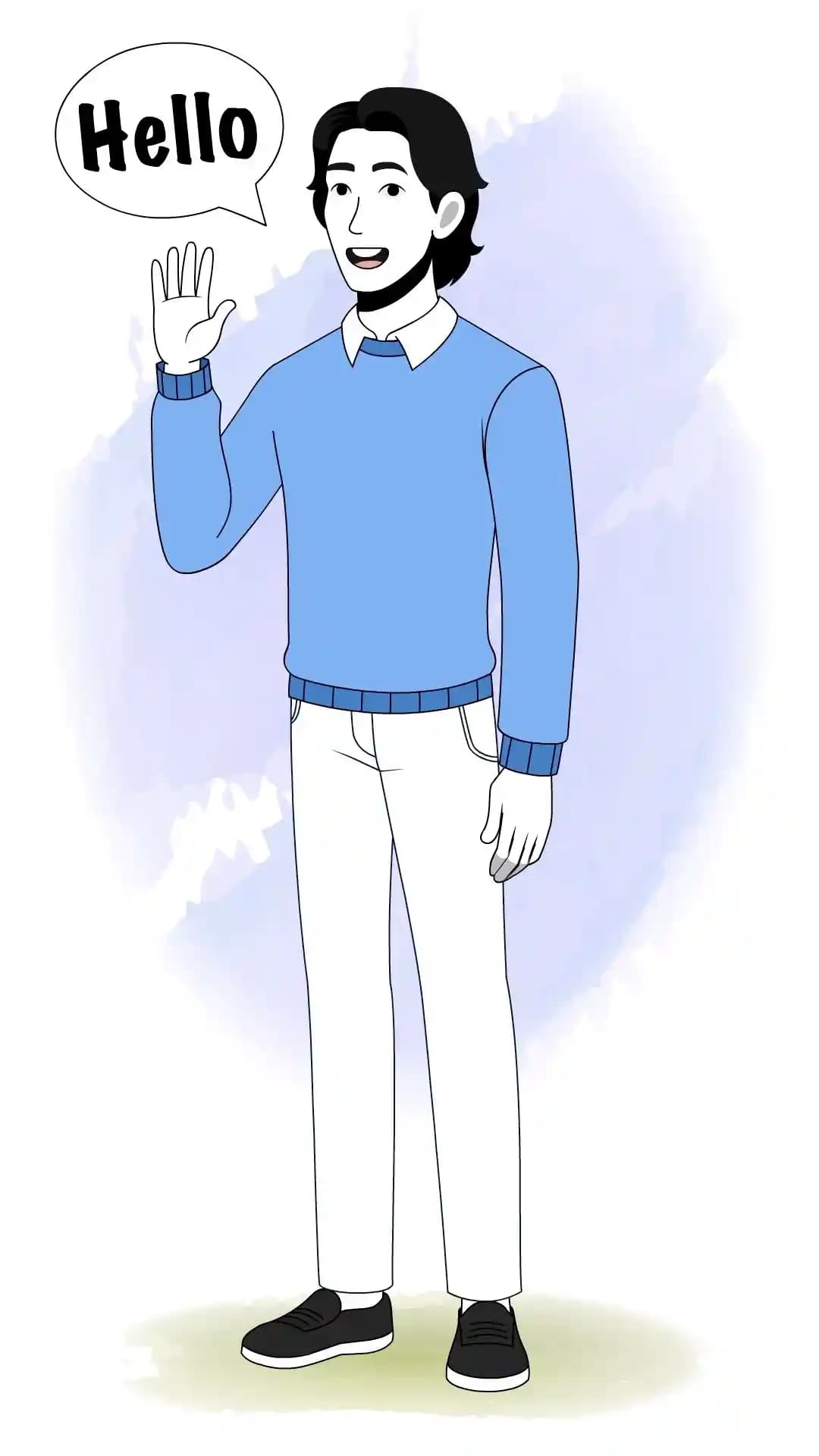 Businessman Animated Vector Cartoon Character Waving Hand Greeting with Hello Speech Bubble AKA Jungkook