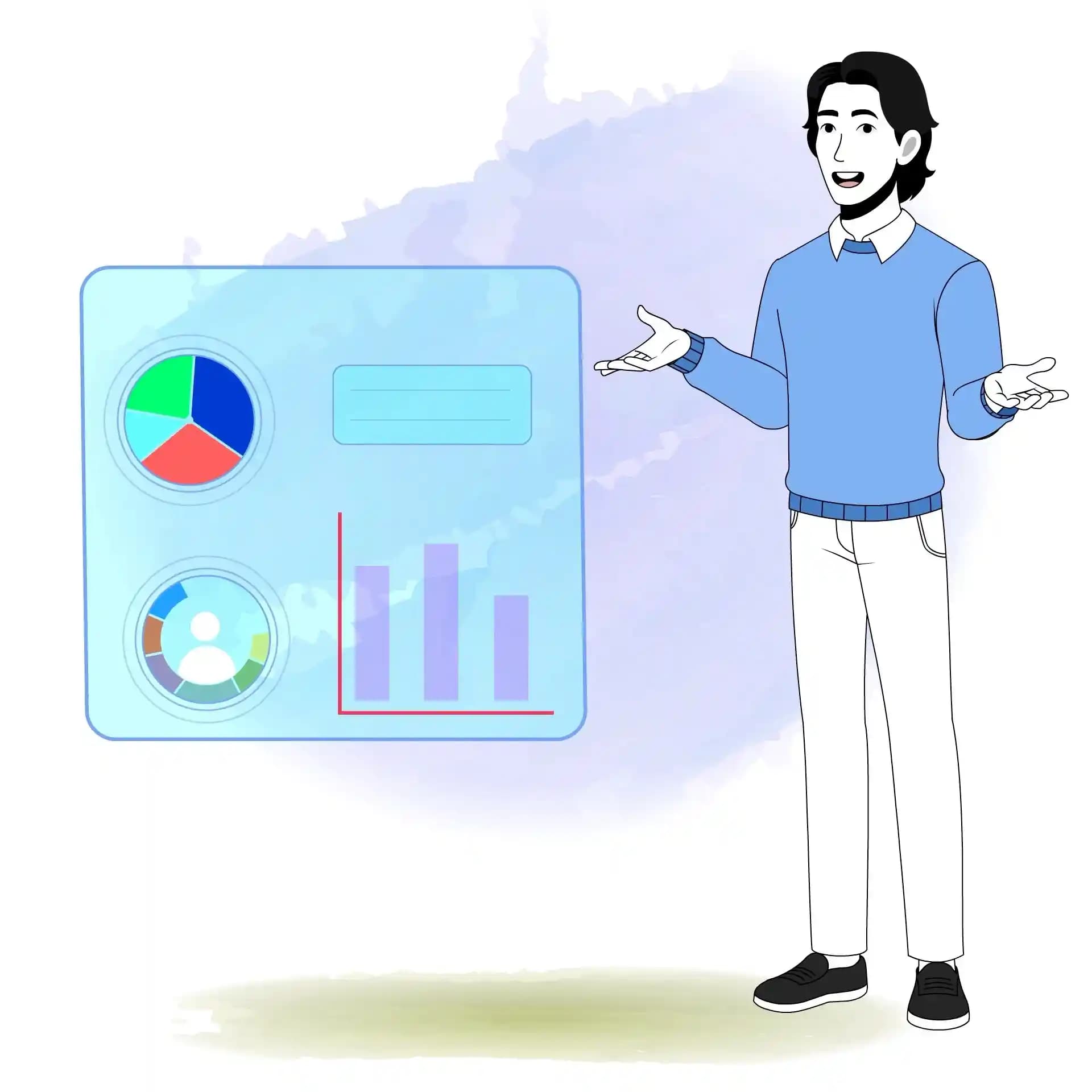 Business Employee Cartoon Character Talking with Analytics Dashboard Animated Vector AKA Jungkook