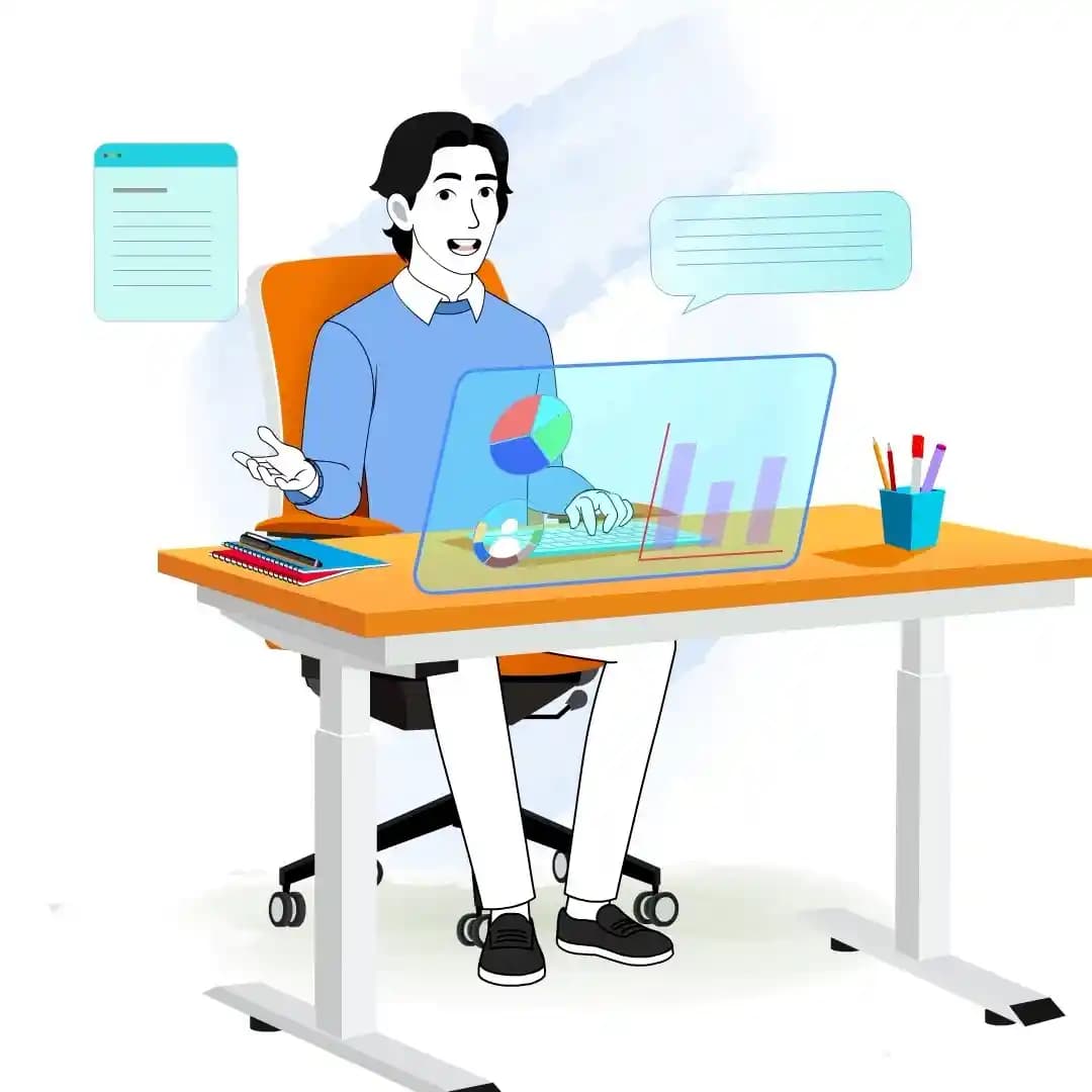 Businessman Animated Vector Cartoon Character Sitting and Talking at Desk with Data Charts AKA Jungkook