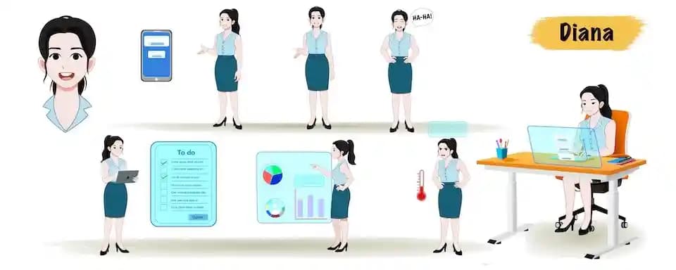 Business employee explainer character animated vector cartoon character model sheet AKA Daina
