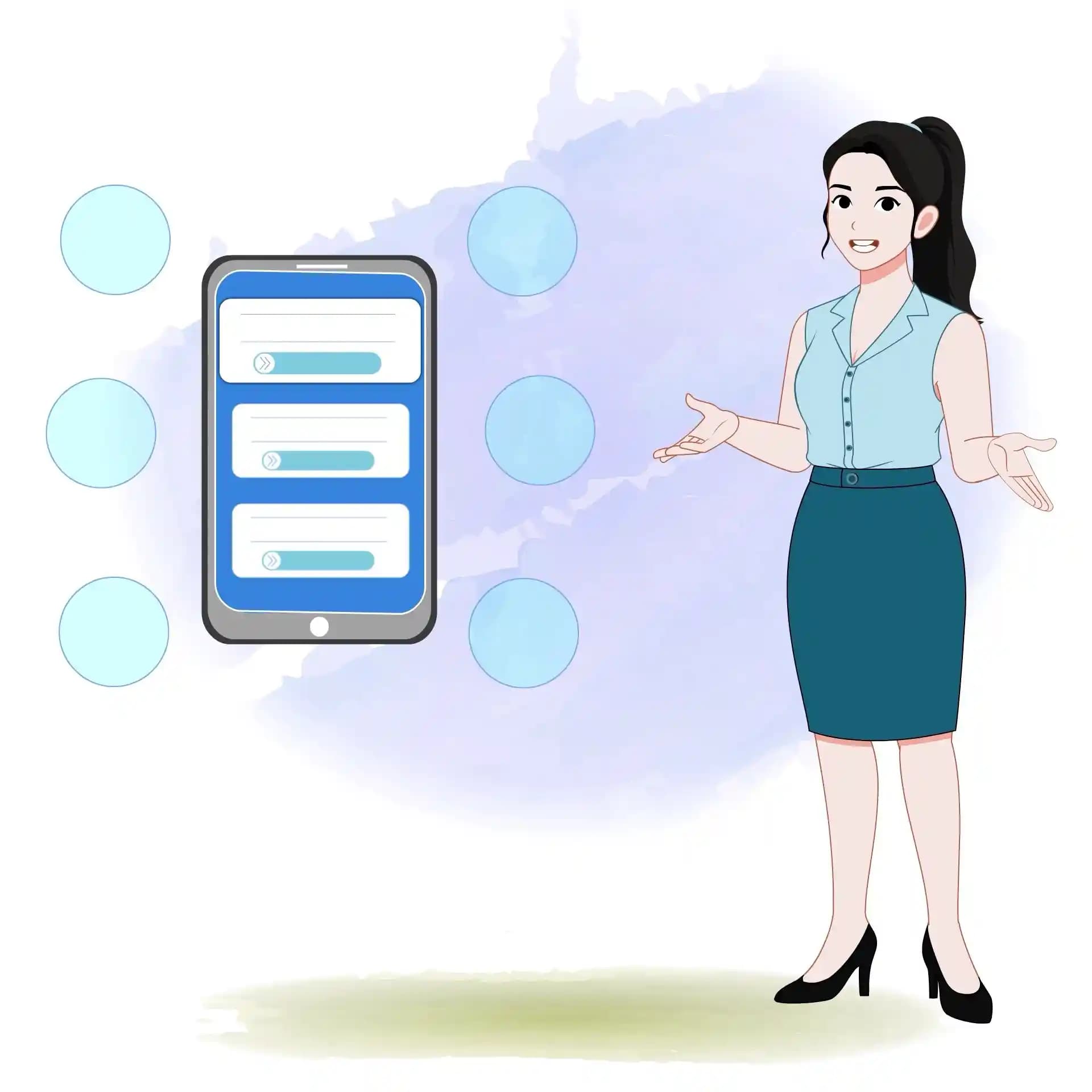 Businesswoman Explainer Character with Mobile App UI One Third Talking Animated Vector Cartoon Character AKA Daina
