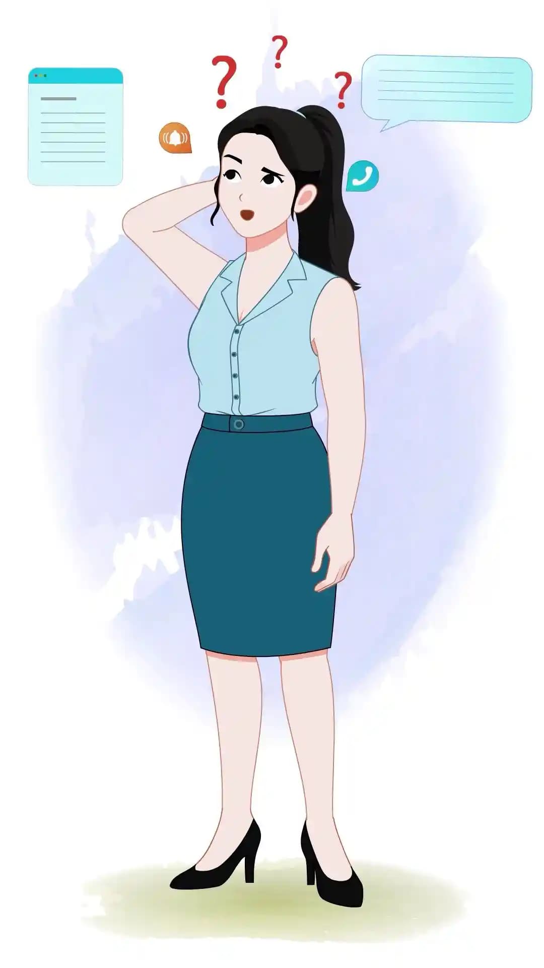 Confused Businesswoman One Third Animated Vector Cartoon Character with Question Marks AKA Daina
