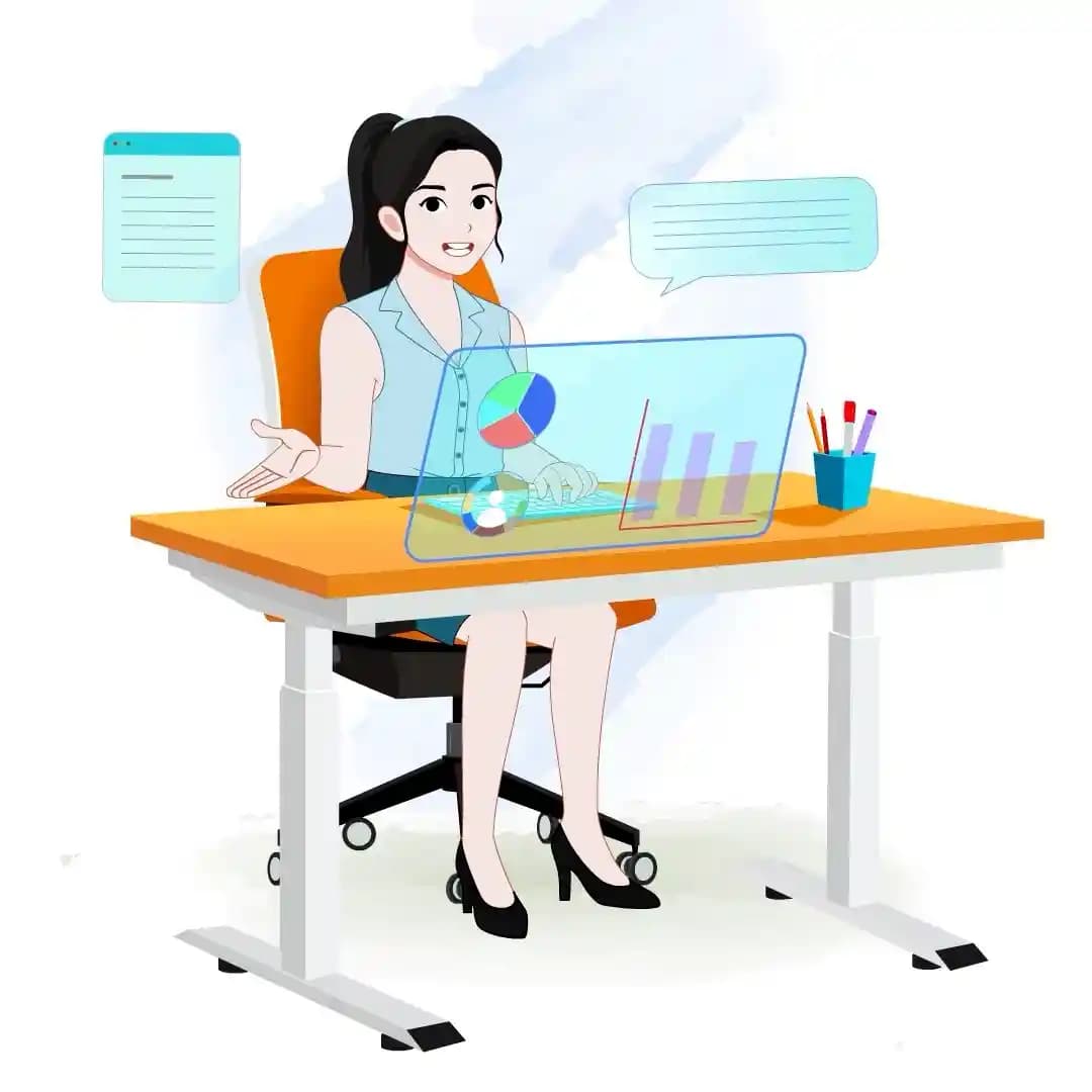 Female Office Character Sitting and Talking at Desk with Charts Animated Vector Cartoon Character AKA Daina