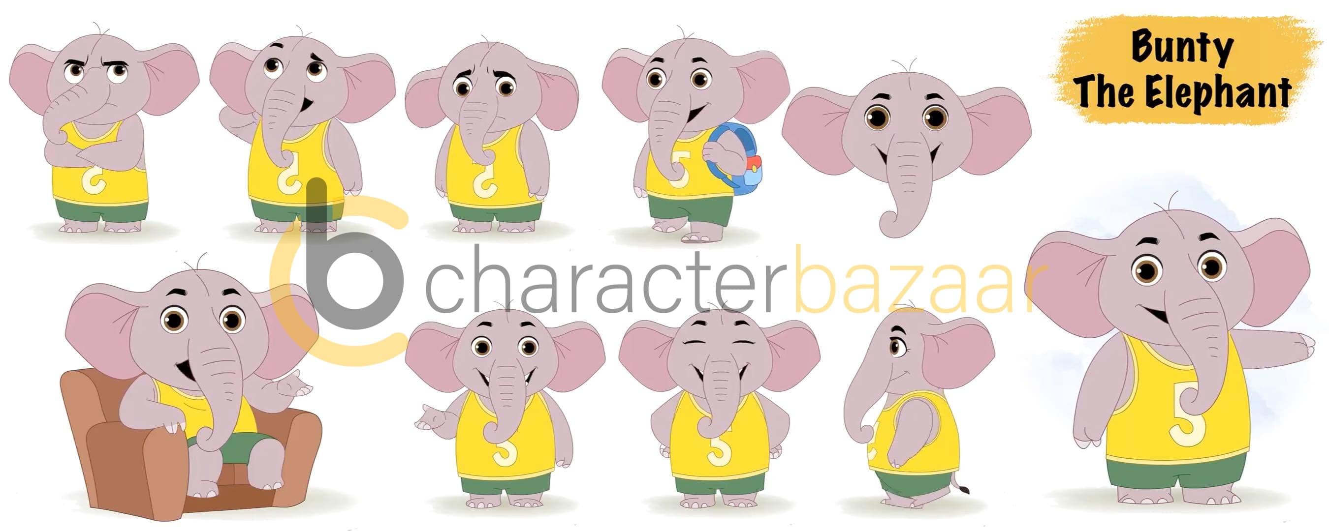 Baby elephant animated vector cartoon character model sheet AKA Bunty The Elephant