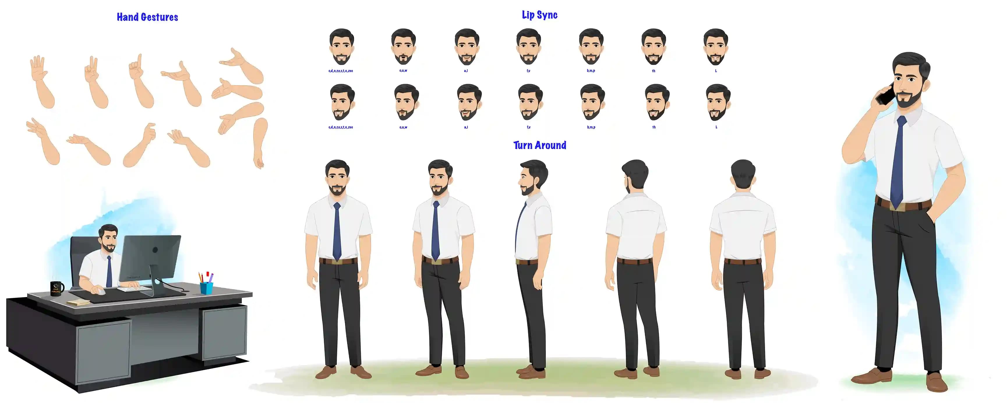 A 2d illustration model sheet of cartoon office worker vector character construction design set AKA Jack