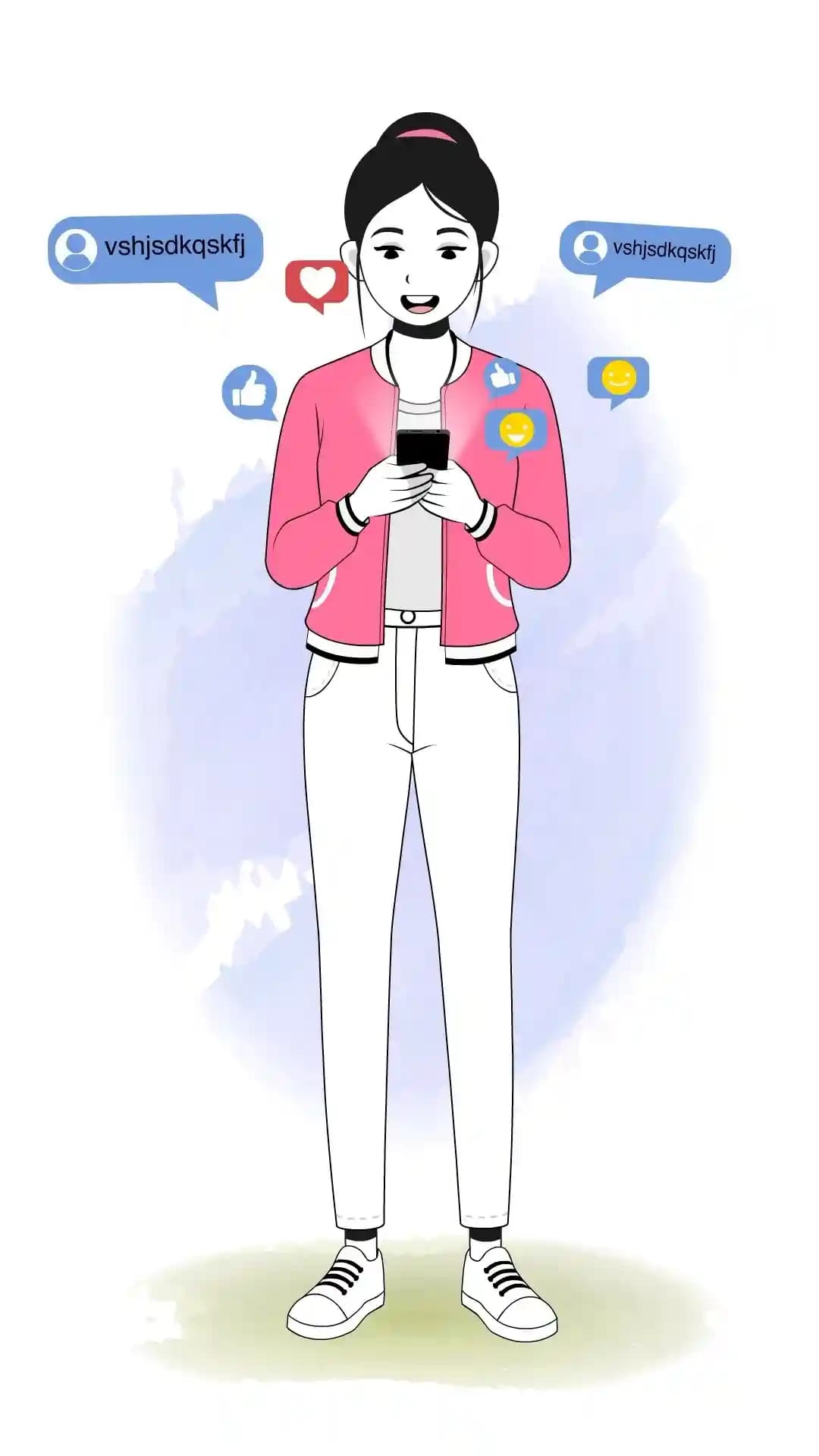 Cartoon girl using phone with social media icons animated vector character AKA Scarlett