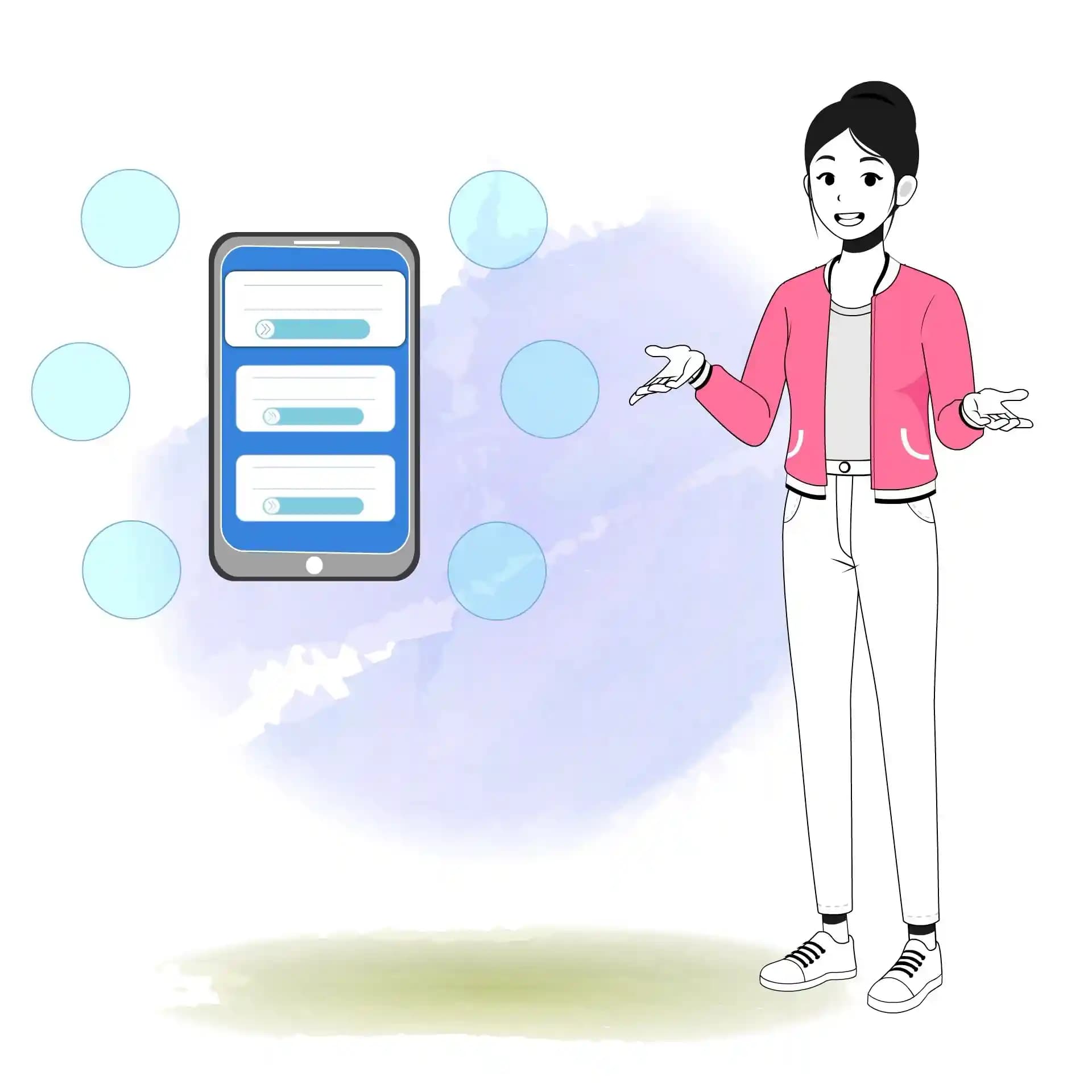 Cartoon woman explaining and talking with mobile app animated vector character AKA Scarlett