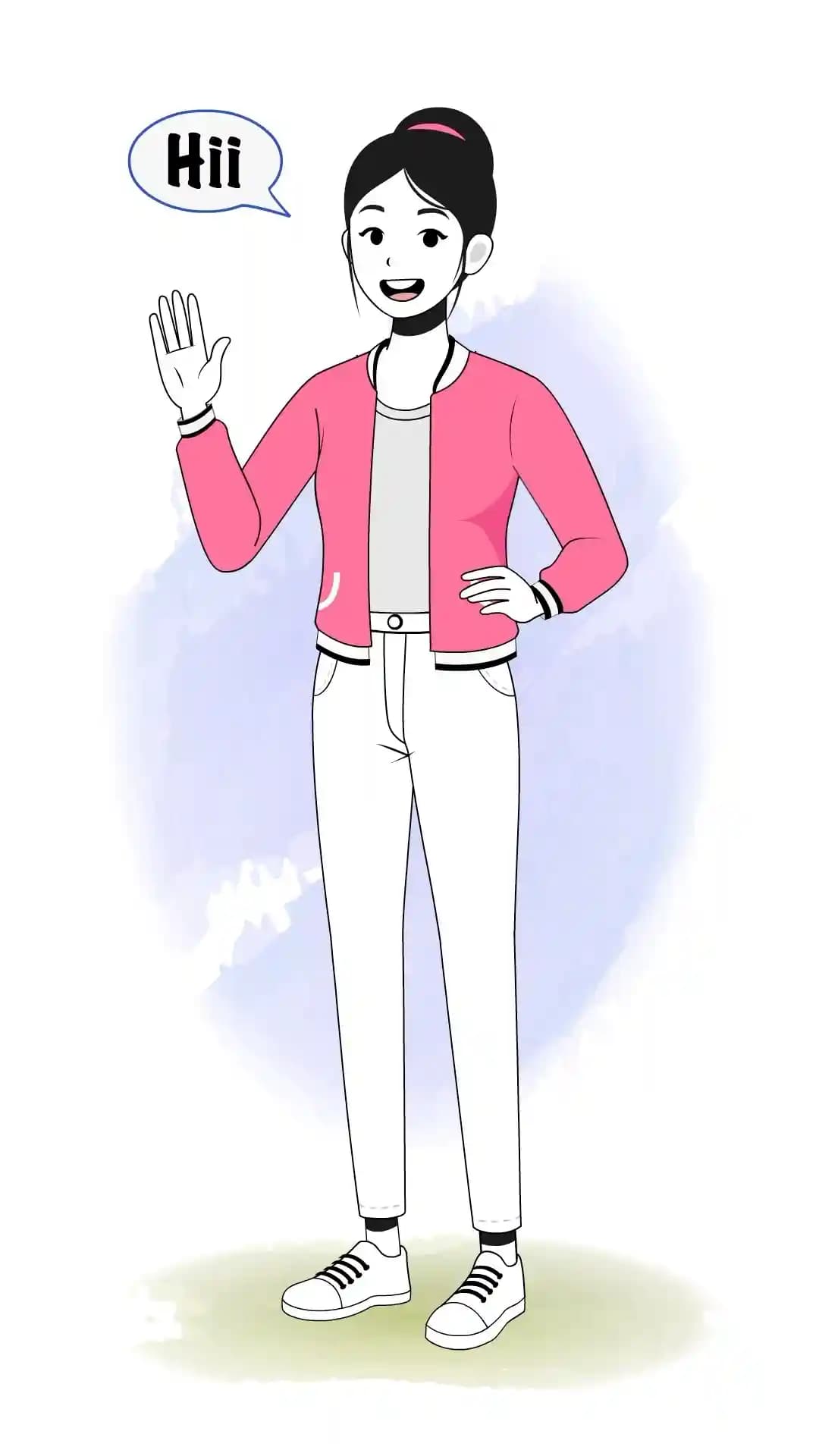 Cartoon woman waving and saying hi animated vector character AKA Scarlett