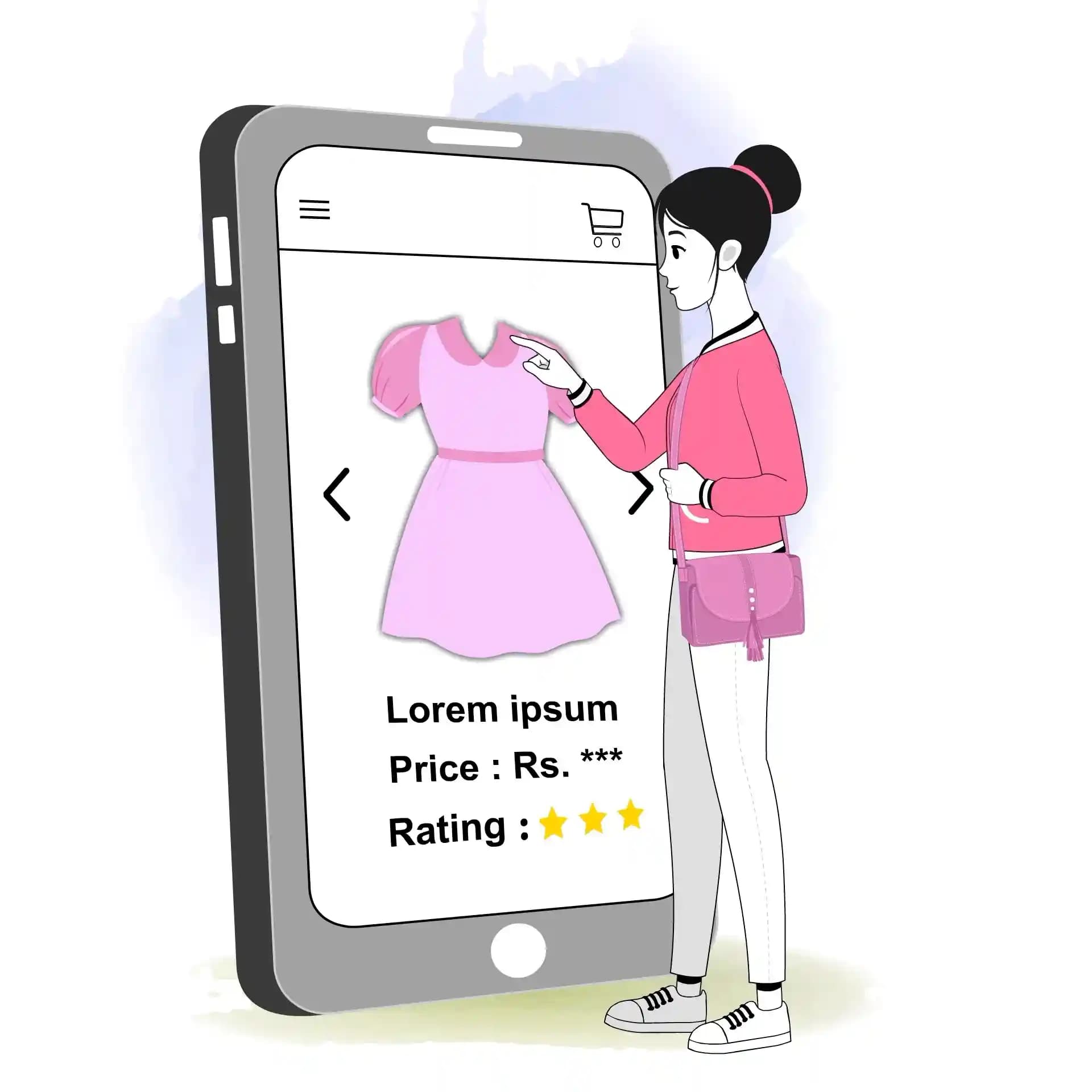 Cartoon woman shopping online on mobile animated vector character AKA Scarlett