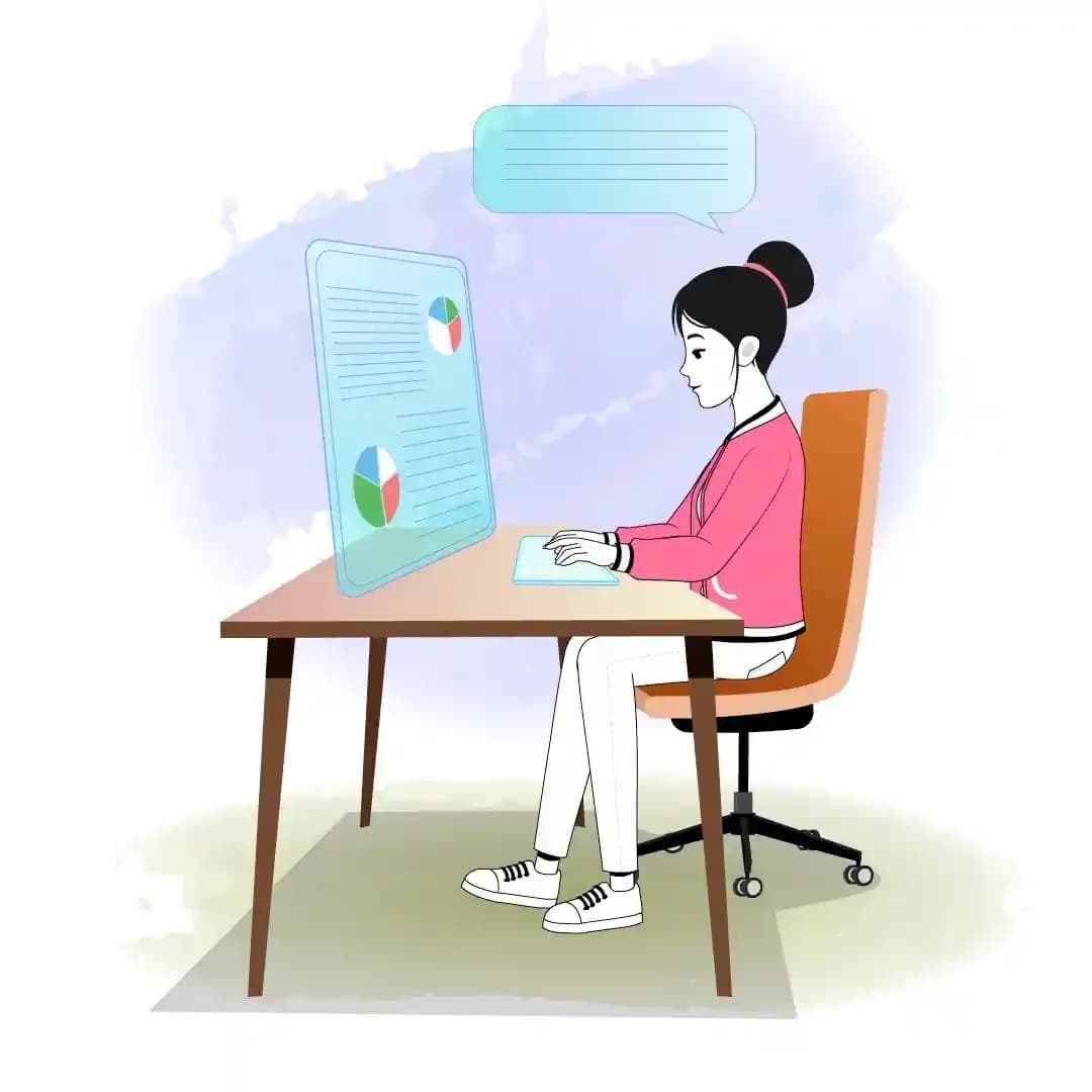 Cartoon girl working on computer animated vector character AKA Scarlett