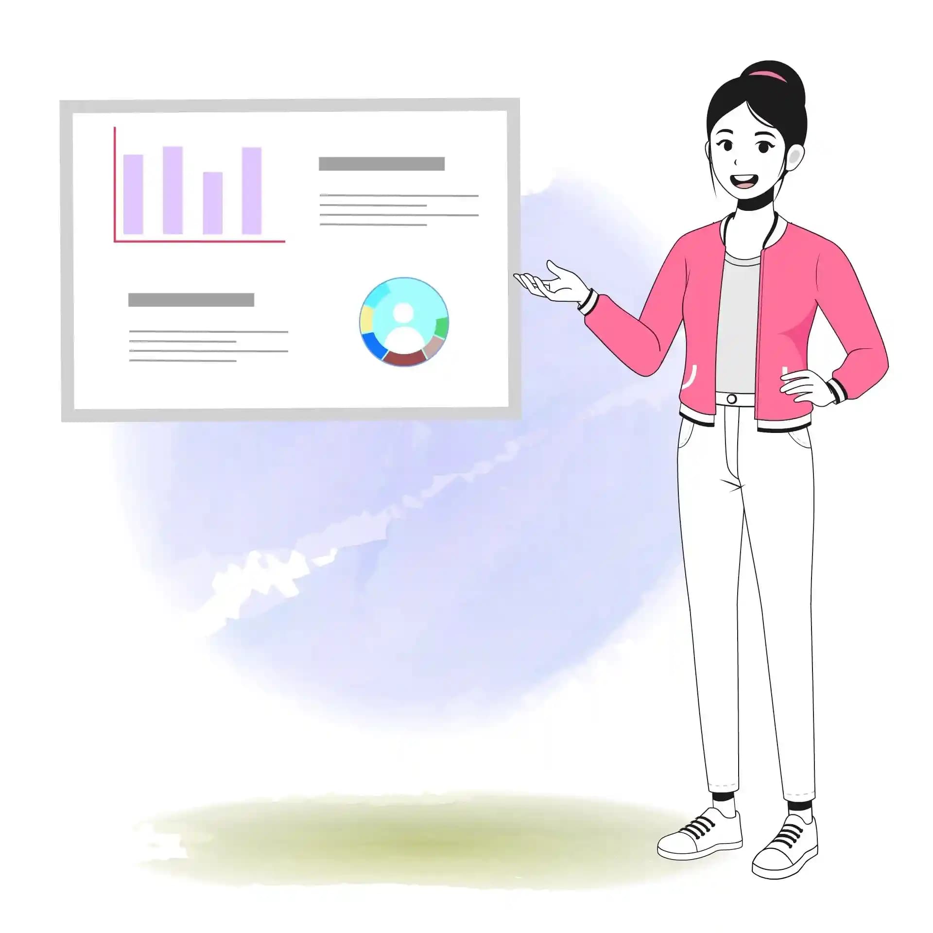 Cartoon woman presenting business report animated vector character AKA Scarlett