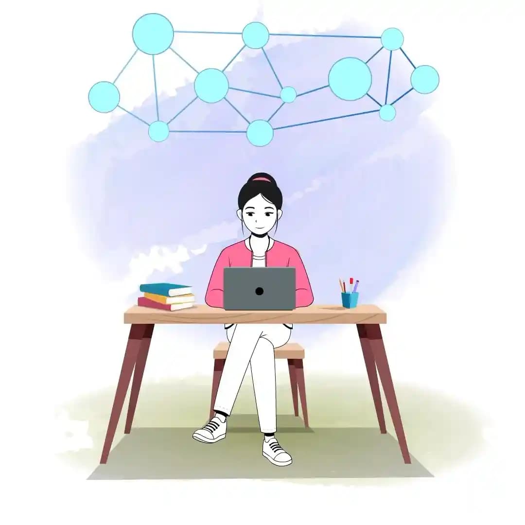 Cartoon woman studying on laptop at desk animated vector character AKA Scarlett
