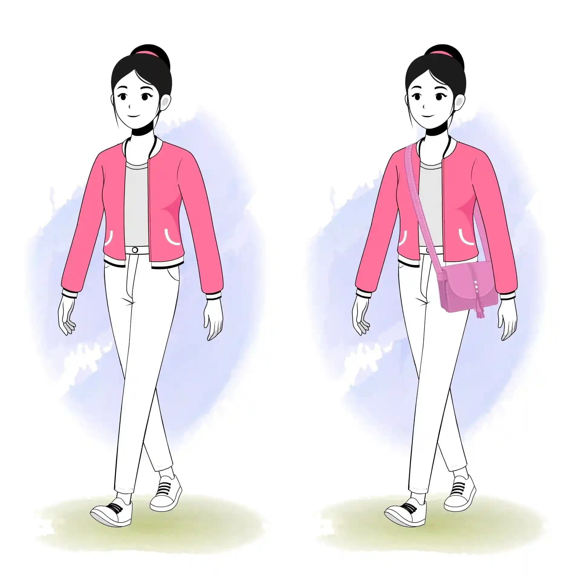 Cartoon woman walking one third view animated vector character AKA Scarlett