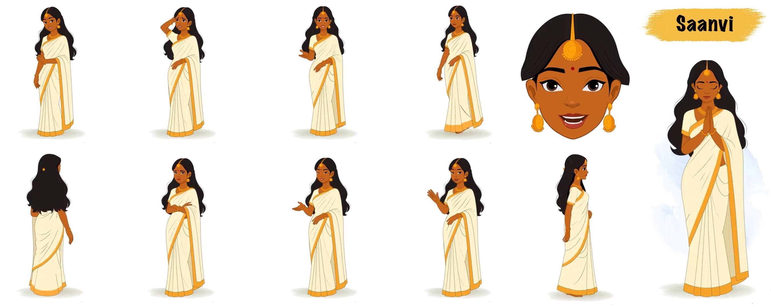 Traditional Indian woman in white saree animated vector character model sheet