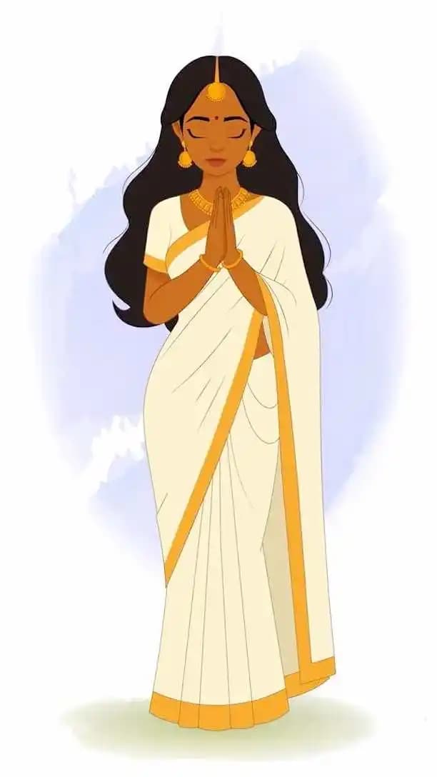 An animated traditional Indian woman in white saree greeting pose cartoon character vector AKA Saanvi