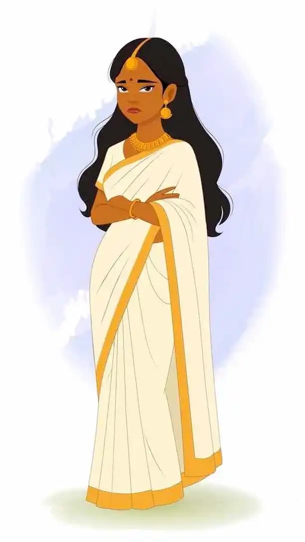 A traditional Indian annoyed woman in white saree animated cartoon character vector AKA Saanvi