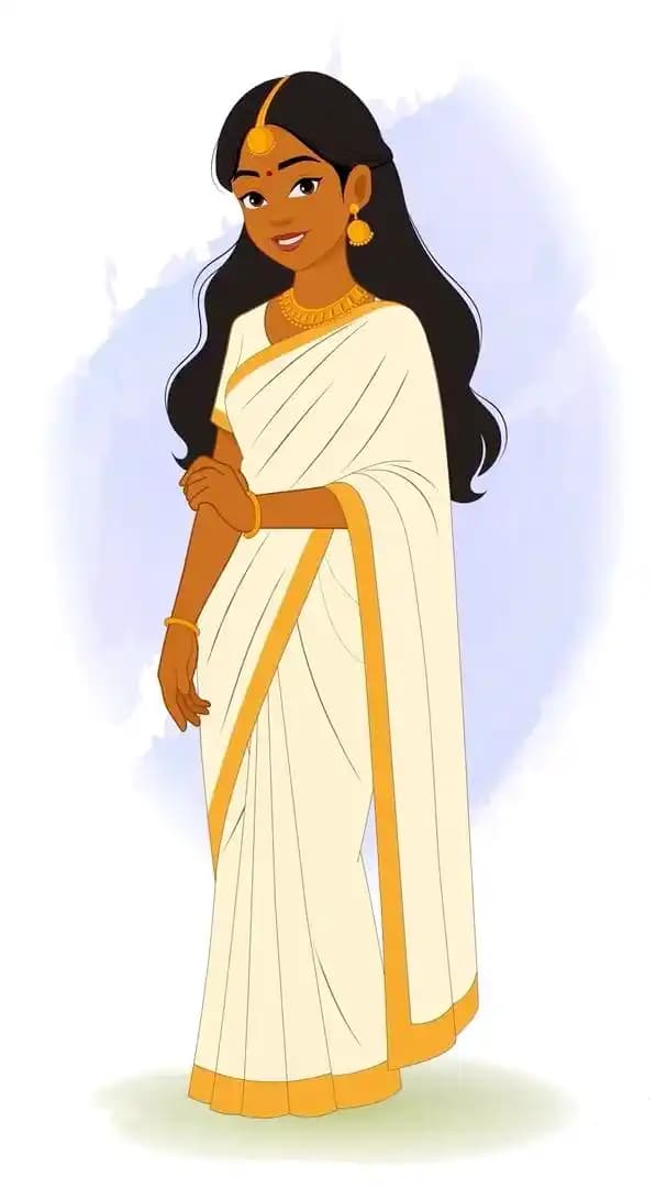 An animated traditional Indian woman in white saree standing smiling vector cartoon character AKA Saanvi