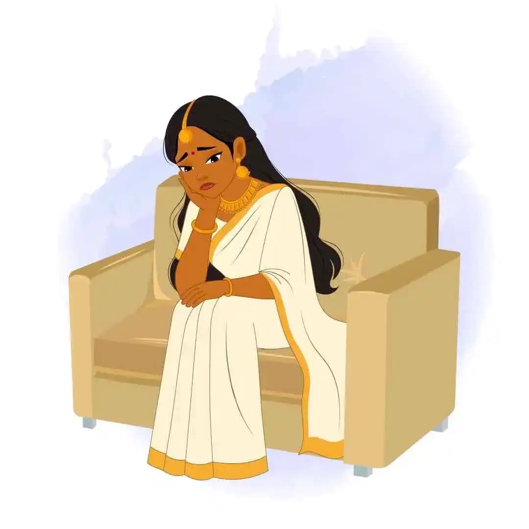 A traditional Indian woman in white saree sitting sadly on sofa animated vector cartoon character AKA Saanvi