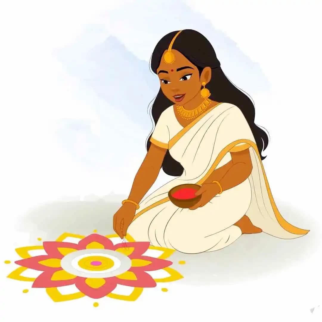 An animated traditional Indian woman in white saree making rangoli vector cartoon character AKA Saanvi