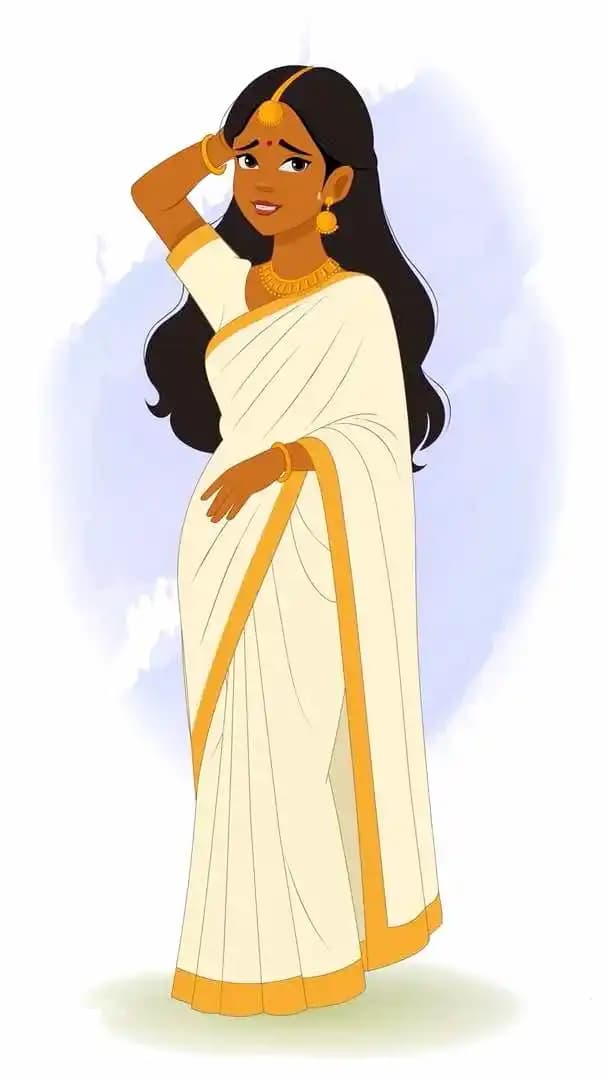 An animated traditional Indian woman in white saree nervous pose cartoon character vector AKA Saanvi