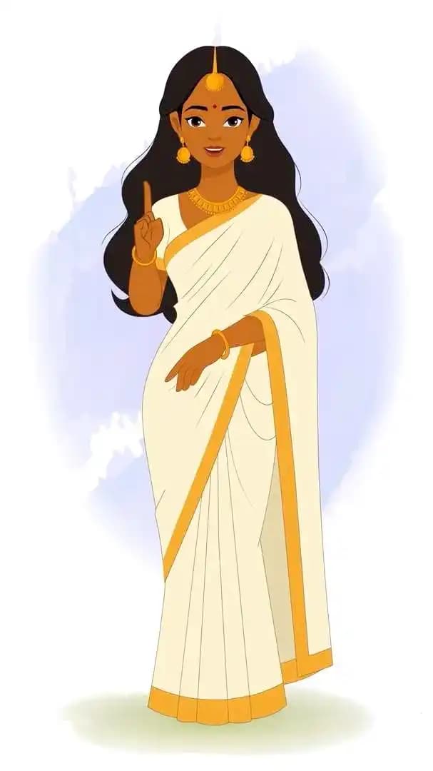 A traditional Indian woman in white saree talking animated vector cartoon character AKA Saanvi