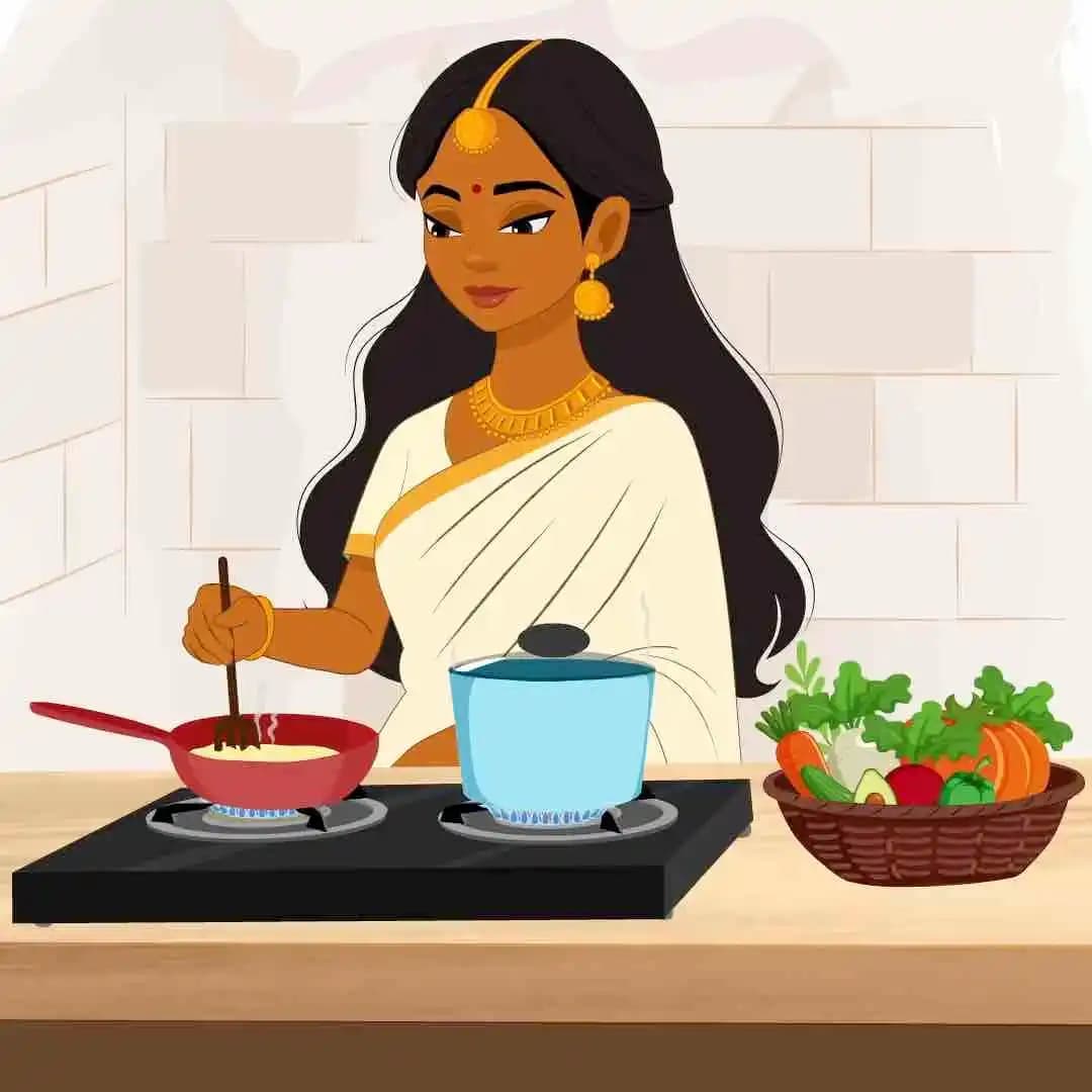 An animated traditional Indian Woman making food vector cartoon character AKA Saanvi