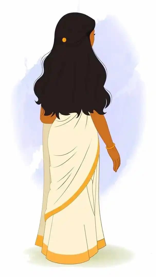 An animated traditional Indian woman in white saree walking in back third view vector cartoon character AKA Saanvi