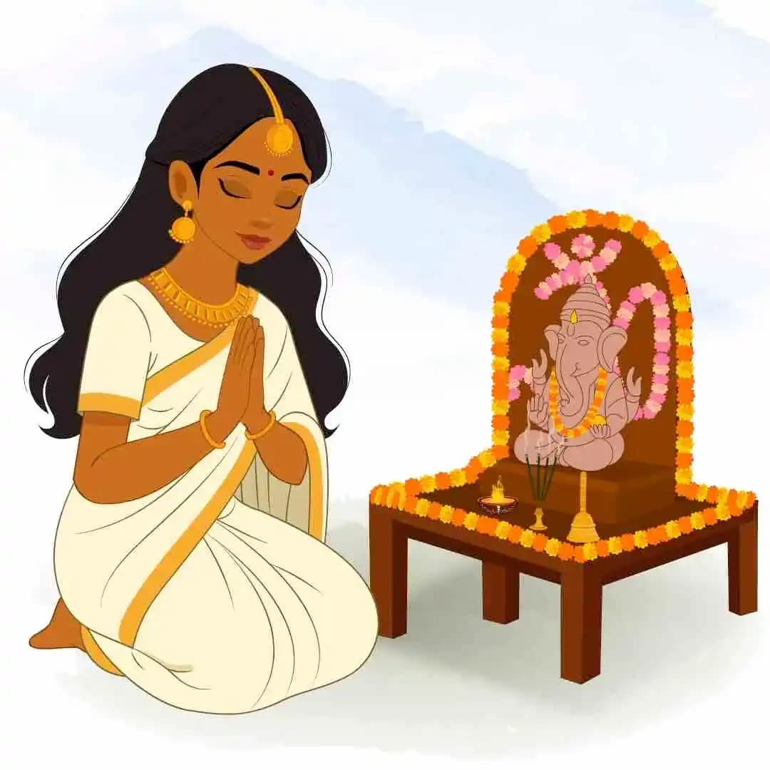 An animated traditional Indian Woman in White Saree worshipping lord ganesha vector cartoon character AKA Saanvi