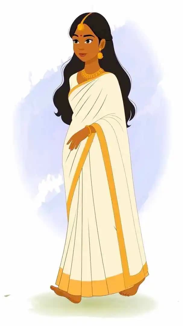 An animated traditional Indian woman in white saree walking pose vector cartoon character AKA Saanvi