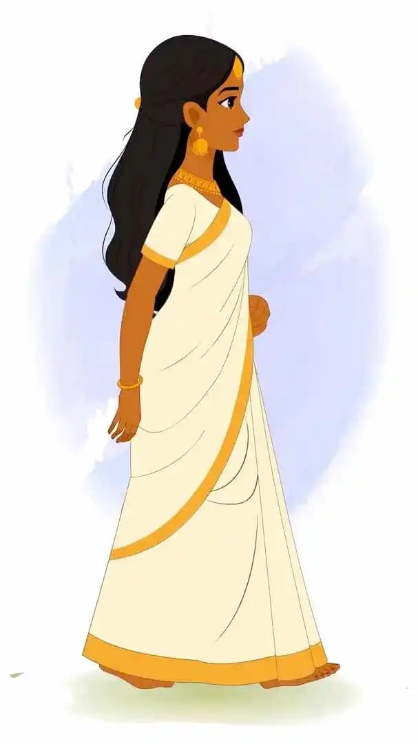 An animated traditional Indian woman in white saree side walking vector cartoon character AKA Saanvi