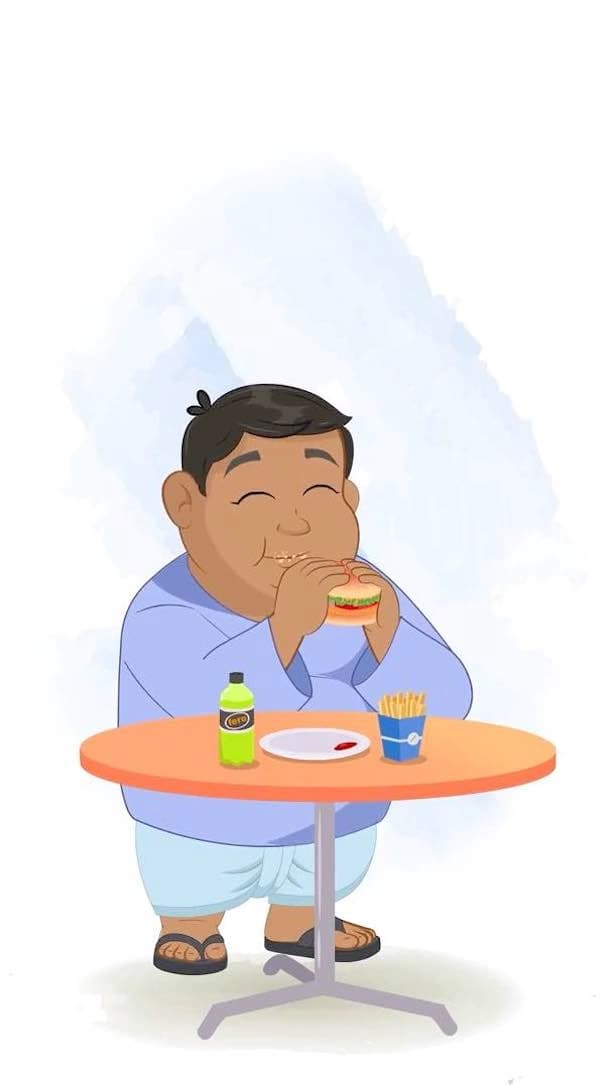 A 2d animated fat indian villager eating snacks cartoon character vector AKA Devank