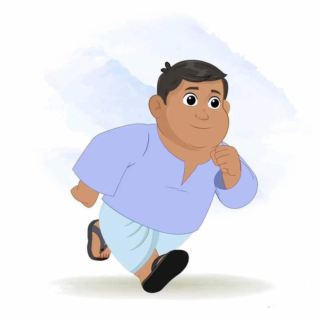 A 2d animated fat indian villager running pose cartoon character vector AKA Devank