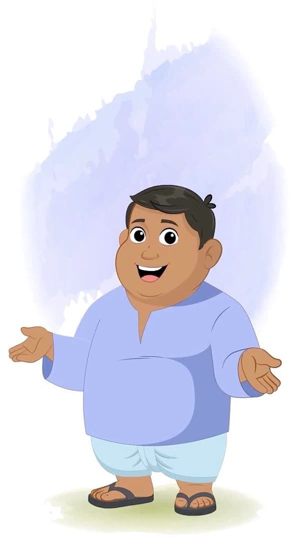 A 2d fat indian villager talking animated vector cartoon character AKA Devank